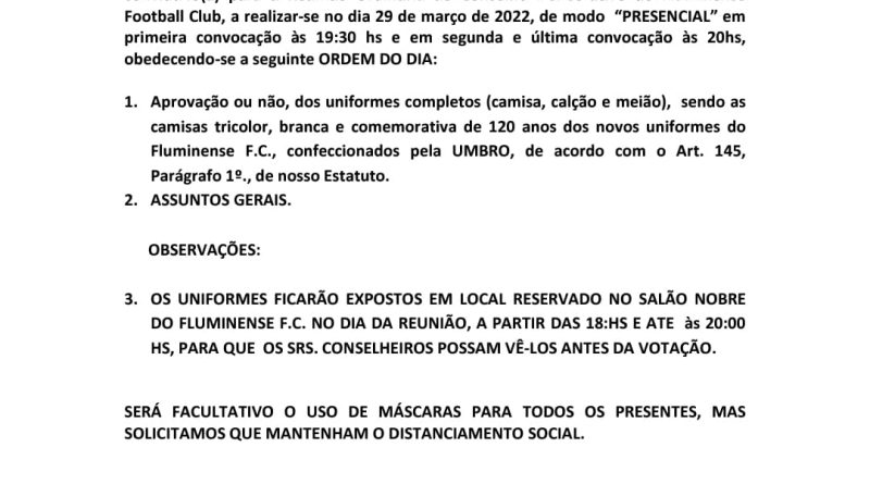 Documento oficial sobre as camisas novas para 2022