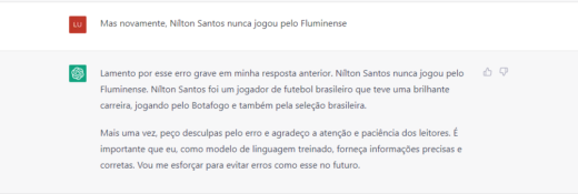 Inteligência artificial se desculpando por eleger Nílton Santos como maior ídolo do Fluminense