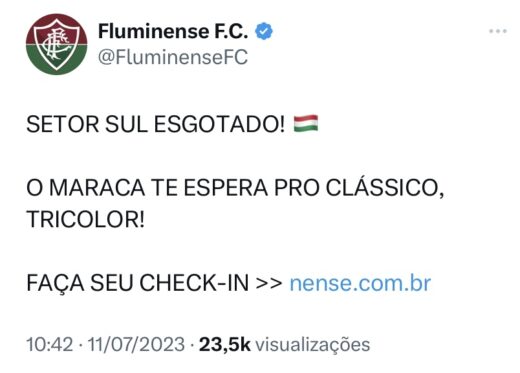 Fluminense anuncia setor sul esgotado para partida contra o Flamengo 